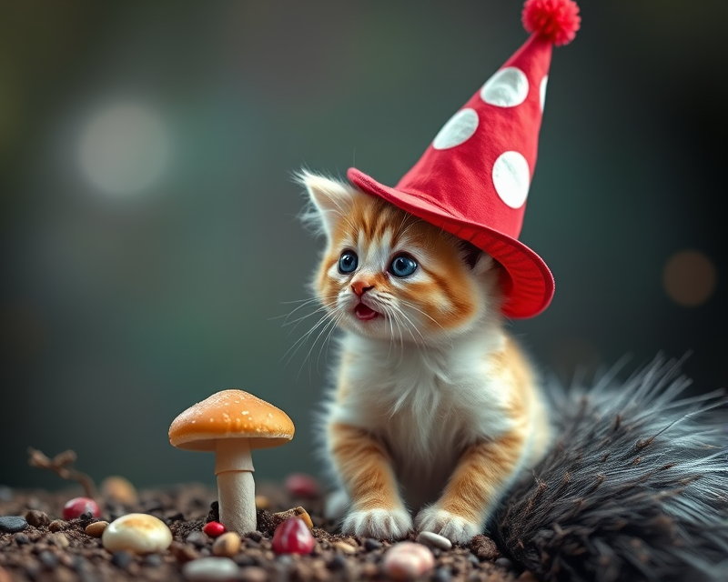 kitten, clown, mushroom, top hat, ostrich